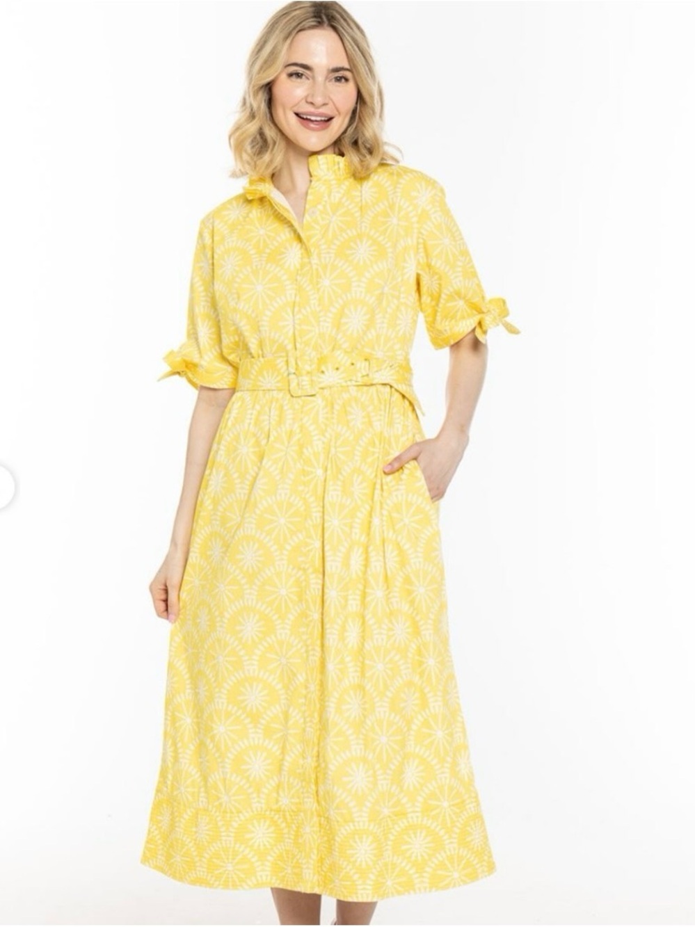 NWT Holly Shae x Janice Dean Yellow Floral Tie-Sleeve Midi Dress - Picture 4 of 4